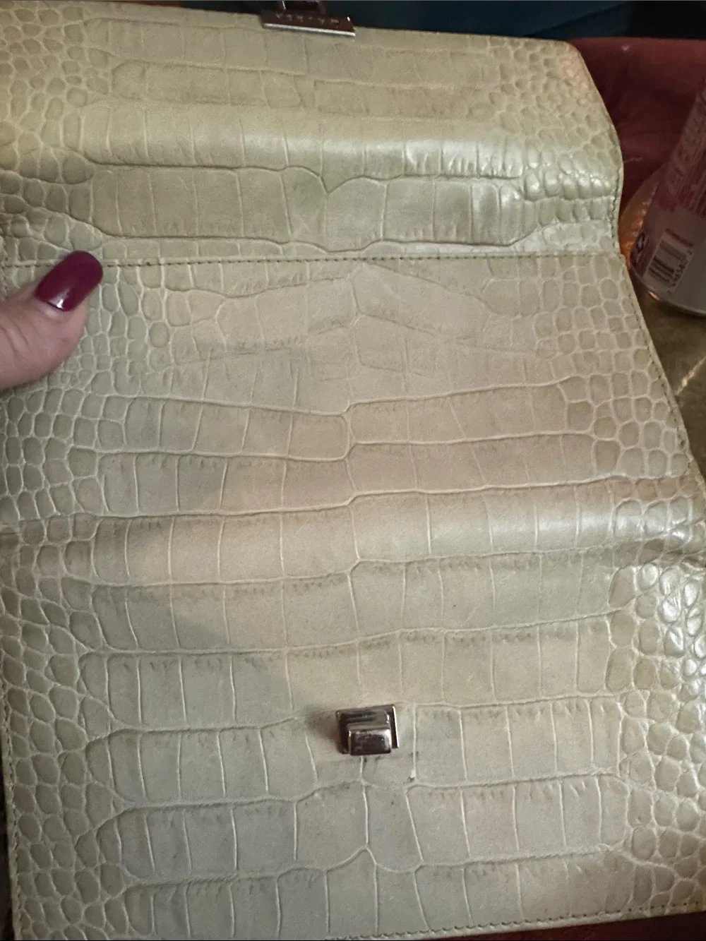 Ralph Lauren Ivory Croc-Embossed Wristlet Clutch with Gold Tone Hardware